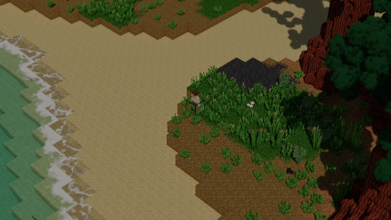 A sandy shore beside a redwood grove, red trunks at the edge of the sea