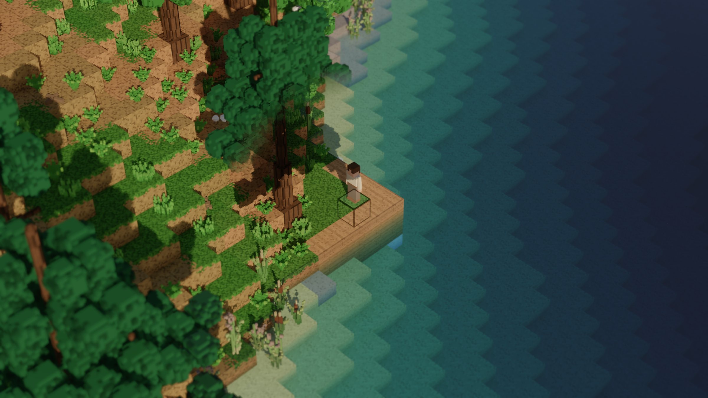 A voxel lake shore seen from above: forest, a sandy point and deep blue water, a lone person standing on the beach