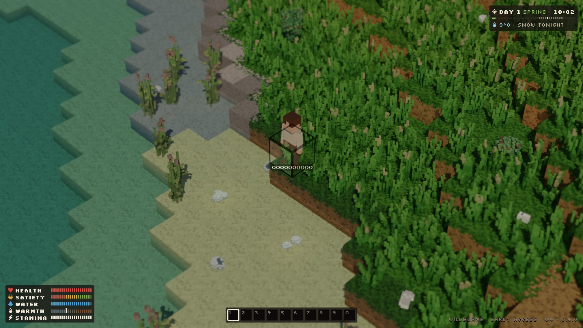 Wildborne as played: a person on a grassy shore with the meters at bottom left, the hotbar at the bottom and the clock at top right
