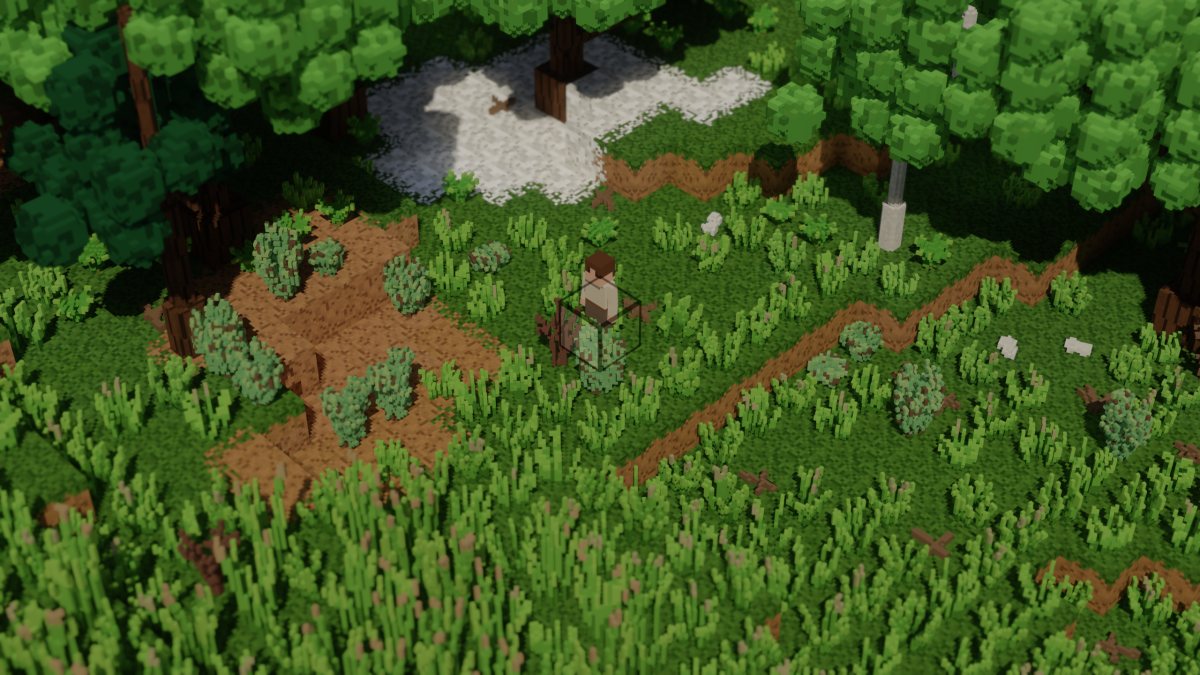 A forest edge in spring: bright new leaves over a grassy clearing, the person standing in the open