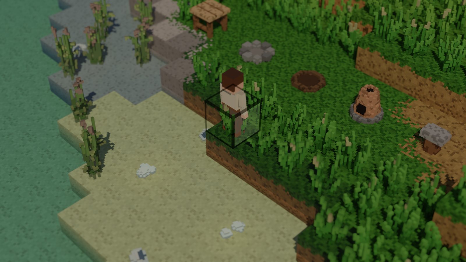 Five stations in a row on a grassy bank: a workbench, a pit kiln, a charcoal pit, a forge and an anvil