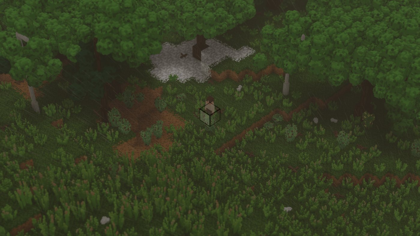 A dark thunderstorm over a forest edge, rain streaking down